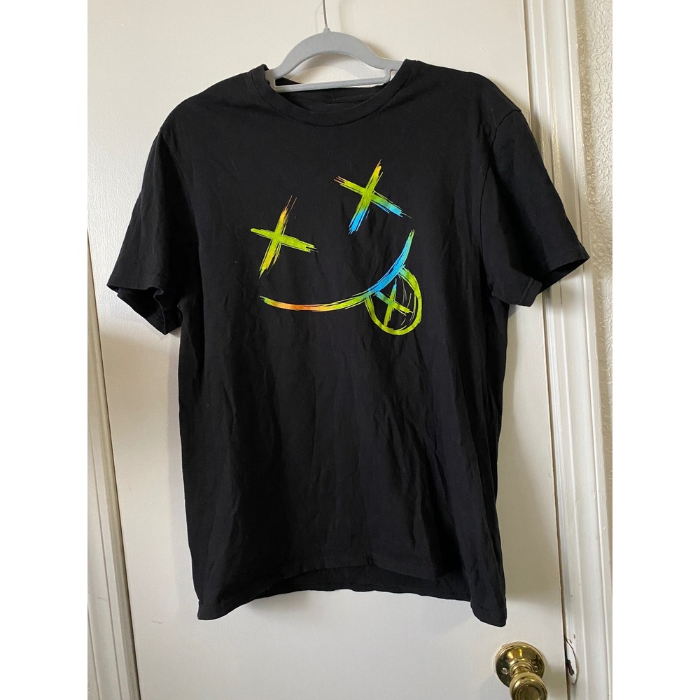 Mens Black Graphic T-Shirt One Way dream brand Graffiti Neon Smiley Face Size M